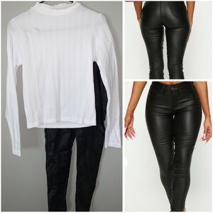 🤍White Ribbed Sweater and Black Faux Leather Pants